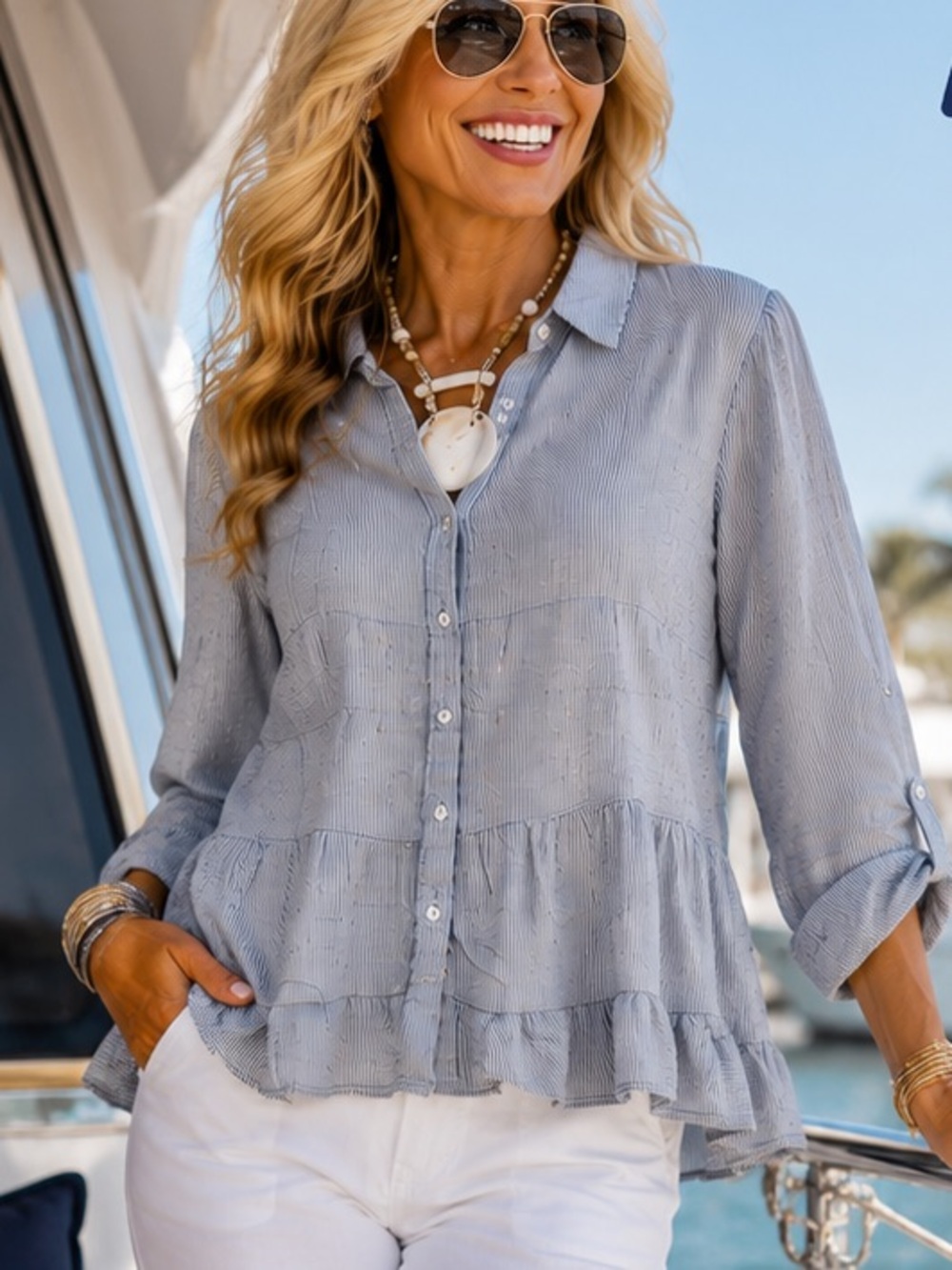 LOVE NOTES, Blue Pinstripe Adjustable Sleeves, Ruffle Tiers, Size XL